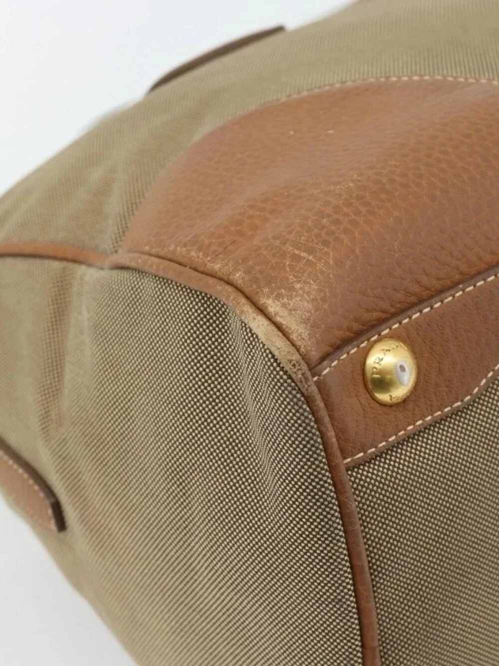 PRADA Hand Bag Canvas Leather Brown Gold Auth